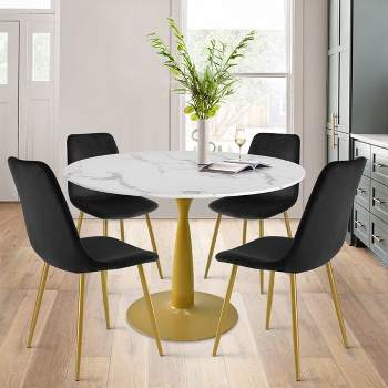 Harris+Bingo 5-Piece Round-Shaped Artificial Marble Dining Table Set With 4 Velvet Upholstered Chairs Gold Legs -Maison Boucle