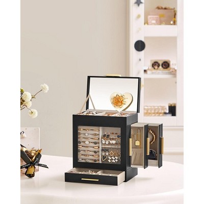 SONGMICS 5-Tier Jewelry Box with Glass Window Jewelry Storage Organizer with 3 Side Drawers & Big Mirror