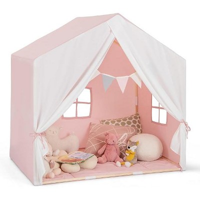 Costzon Large Kids Tent with Mat, Playhouse with Flag Banner, Windows, Gauze Curtain & Solid Wood Frame for Indoor/Outdoor Use (Pink)