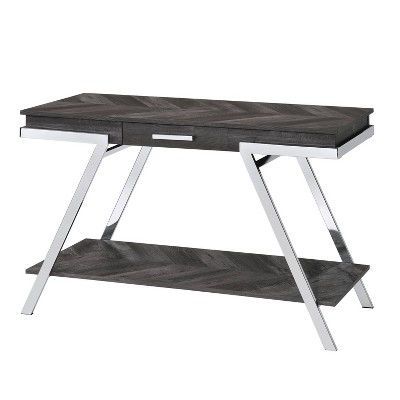 Transitional Dark Gray Chrome-Legged Sofa Table with Drawer and Shelf