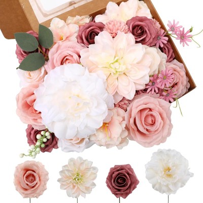 BRINJOY Artificial Pink Flower Set - Silk Dahlias, Roses & Peonies with Stems for DIY Bouquets and Home Decor