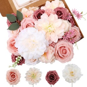 BRINJOY Artificial Pink Flower Set - Silk Dahlias, Roses & Peonies with Stems for DIY Bouquets and Home Decor - 1 of 4