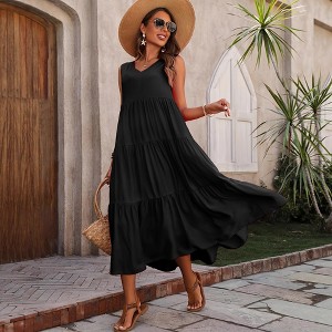 navy blue dress for baby girl BLUEMING Womens Flowy A Line Sundress Boho V Neck Casual Sleeveless Maxi  Dress Tiered Hem Layered Vacation Dress, Black