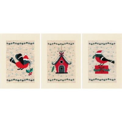Vervaco Counted Cross Stitch Greeting Card Kit 4.2"X6" 3/Pk-Christmas Bird And House (18 Count)