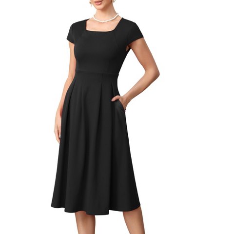 Женские платья INSPIRE CHIC Women's Vintage Square Neck Cap Sleeve Causal A-Line Midi Dresses Small Black