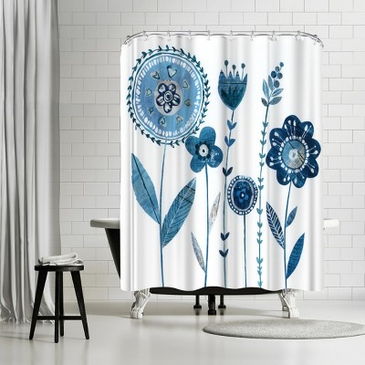 Americanflat Blue Flowers With Stems by Liz And Kate Pope 71" x 74" Shower Curtain