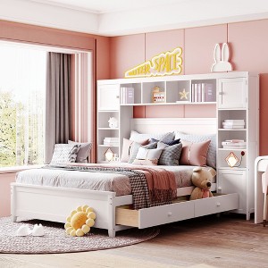 Full Size Wooden Bed with All-in-One Cabinet and Shelf - 1 of 4