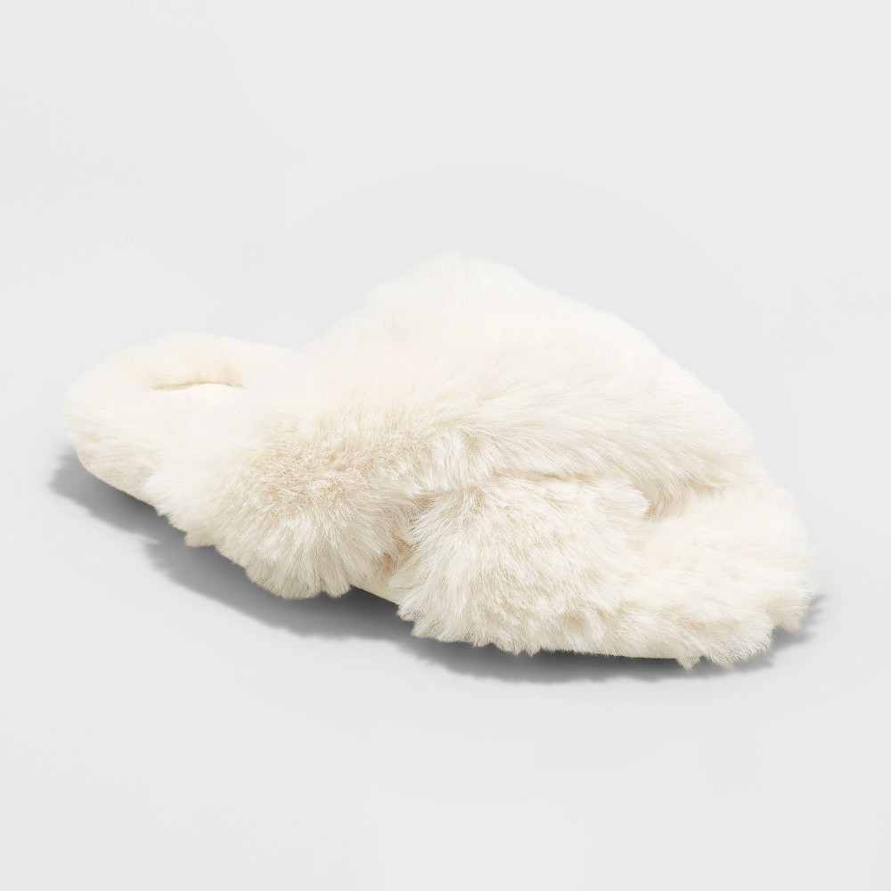 Size Medium ( 2/3 ) Girls' Brooklyn Crossband Fur Slippers - Cat & Jack Cream Ivory