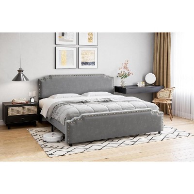 homfan Queen Bed Frame,Velvet Fabric Upholstered Platform Bed Frame with Rivet Decor Headboard and Footboard,Strong Wood Slat Support