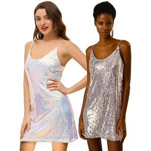 Allegra K Women's Glitter Sequin Spaghetti Strap V Neck Cocktail Sparkly Mini Dress 2 Packs - 1 of 4