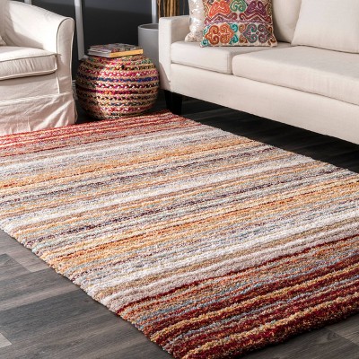 Handmade Red Multi Striped Shag Synthetic Area Rug 4' x 6'