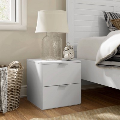 Matte White Modern 2-Drawer Nightstand with Silver Pulls
