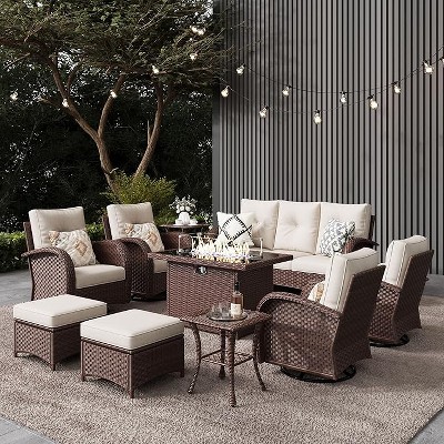 LayinSun Outdoor Patio Furniture Set, Brown Rattan Wicker Sectional Swivel Rocker Chairs Sets