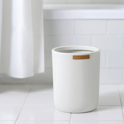 White Ceramic Wastebasket with Cork Accent, 9.4" High