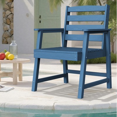 PDTEND Single Patio Dining Chair, Oversized All-Weather Seat with Armrests, Imitation Wood Grain Design - Dark Blue