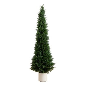 Nearly Natural 6-ft UV Resistant Artificial Cedar Tree in Decorative White Planter (Indoor/Outdoor) - 1 of 4