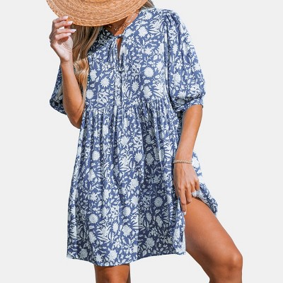 Women's Blue/Black Floral Puff Sleeve Mini Dress - Cupshe