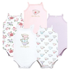 Hudson Baby Infant Girl Cotton Sleeveless Bodysuits, Tea Party - 1 of 4