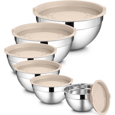 Mixing Bowls with Airtight Lids Set, 6 Piece, Size 7, 3.5, 2.5, 2, 1.5, 1QT for Prepping, Baking & Food Storage, Dishwasher & Freezer Safe, Khaki