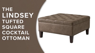 Taupe Tufted Square Cocktail Ottoman with Bronze Nailhead Trim