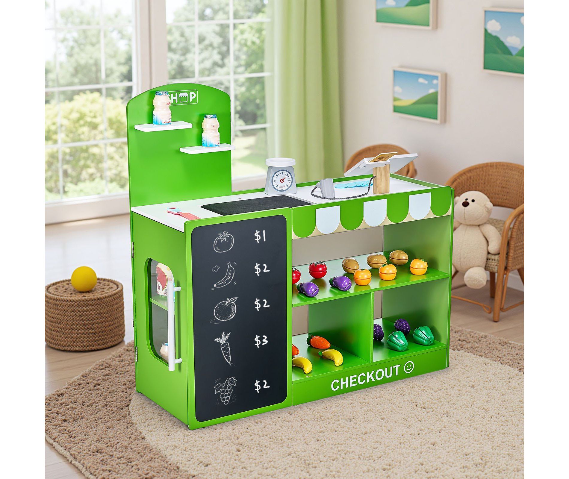Angel Sar Wooden Grocery Store Playset for Kids, Market Stand with Cash Register & 35 Accessories for Toddlers Ages 3+, Green