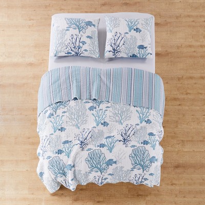 Blue and White Cotton Twin Reversible Quilt Set