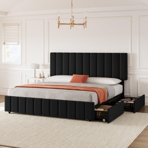 ODK Linen Upholstered Platform Bed Frame with 4 Storage Drawers, Adjustable Headboard, Wooden Slats Support, No Box Spring Needed - 1 of 4