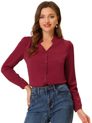 Allegra K Women's Elegant V Neck Work Office Button Up Shirt