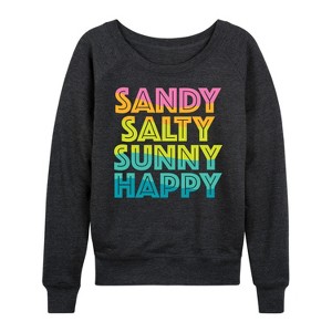 Women's - Instant Message - Sandy Salty Sunny Happy Lightweight French Terry Wide Neck Long Sleeve Graphic Shirt - 1 of 4