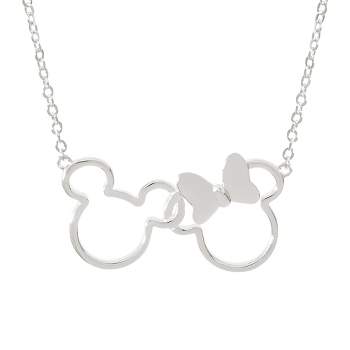 Disney Mickey and Minnie Mouse Womens Silver Plated Interlocking Mickey and Minnie Mouse Pendant Necklace, 18"