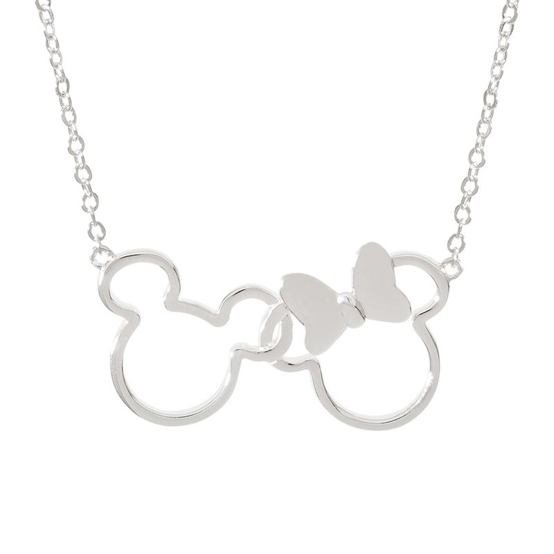 Disney Mickey and Minnie Mouse Womens Silver Plated Interlocking Mickey and Minnie Mouse Pendant Necklace, 18", 1 of 5