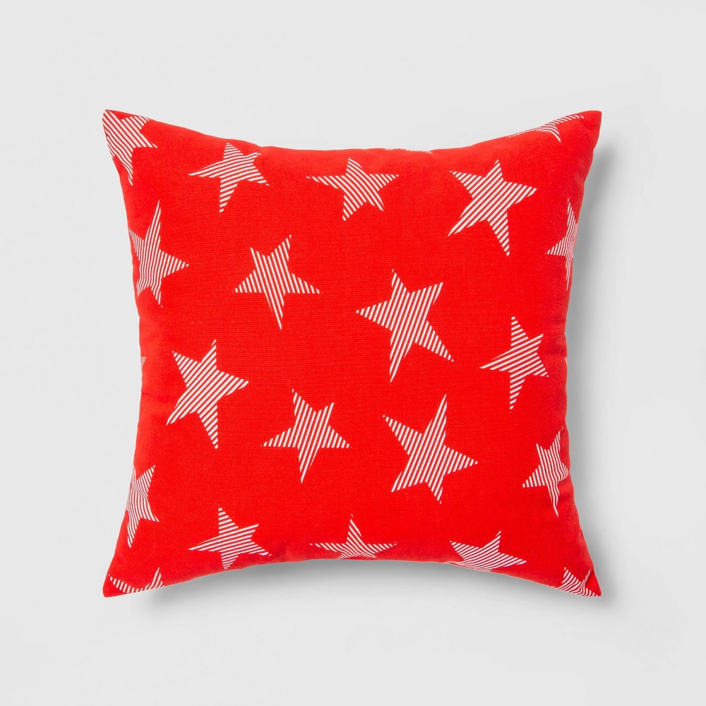 Indoor/Outdoor Striped Stars Square Throw Pillow Red/White