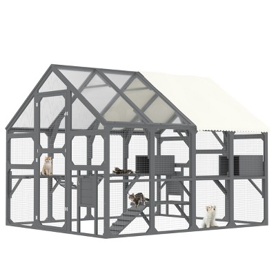 SEVOBAL Large Catio Outdoor Cat Enclosure Pet Crate Multiple Kittens Cat House Walk in Kitty Cage Kennel Sunshine Board Roof, Gray, 96.1"*74.2"*74.4"