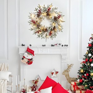 Snow Frosted Pre-Lit 24" Christmas Wreath with Berries & Pine Cones for Front Door Window Wall Decoration - 1 of 4