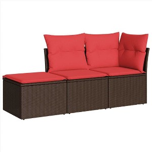 vidaXL 3 Piece Patio Sofa Set with Cushions Brown and Red Poly Rattan - 1 of 4