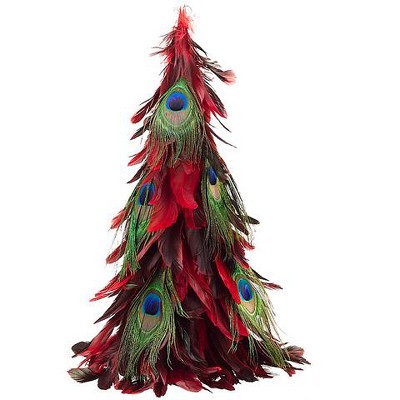 Allstate Floral 16" Exotic Red Regal Peacock Feather Topiary Cone Tree