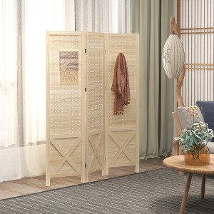 Gulches 3 Panel Pegboard Display Room Divider, 4.7' Tall Wood Indoor Portable Folding Privacy Screen, Partition Wall Divider for Home Office, Natural - 1 of 4