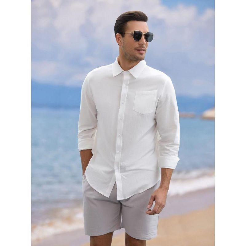 Men's Cotton Linen Sets 2 Piece Tracksuits Long Sleeve Casual Summer Beach Outfits Button Down Shirts and Shorts, 3 of 8
