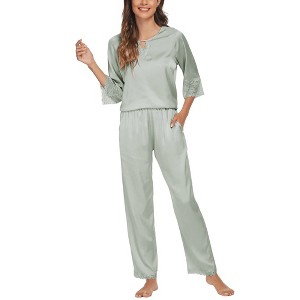 cheibear Womens Satin Sleepwear Lounge with Pants Nightwear 3/4 Sleeves Pajama Set - 1 of 4