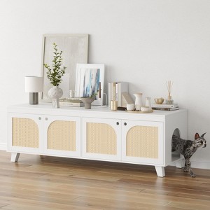 Bencmate Pet Crates and Houses Double Large Hidden Cat Litter Box Enclosure Furniture Cabinet with Rattan Doors, White, 57.9"*19.7"*19.7" - 1 of 4
