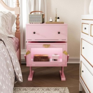 RoyalCraft Nightstand with LED Light Strips, Modern End Table with Rotating Drawer and Glass Door Storage for Bedroom or Home Office, Pink - 1 of 4
