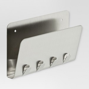 Ventura Organizer with Hooks Satin Nickel 8" - Threshold™: Wall Mounted Entryway Mail Organizer, 4 Hooks, Steel, Silver - 1 of 1