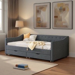 Dovelina Twin Size Daybed with Drawers Upholstered Tufted Sofa Bed, with Button on Back and Piping on Waved Shape Arms-Dark Grey - 1 of 4