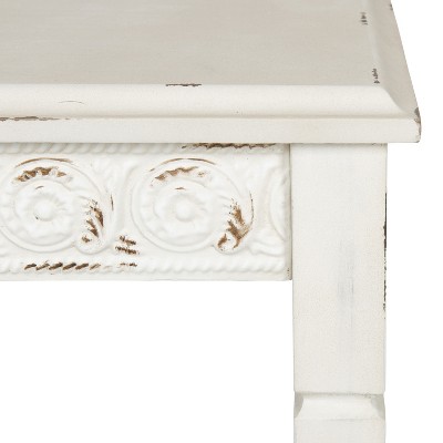 Soft White Farmhouse Wood Accent Table with Metal Skirt