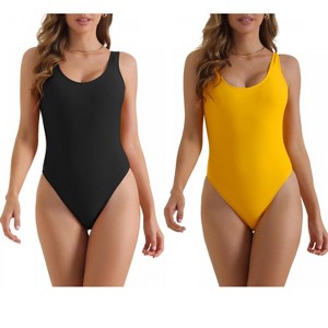 INSPIRE CHIC Women's Solid Scoop Neck Wide Strap Low Back Slimming Monokini Bathing Bikini Suit 2 Sets - 1 of 4