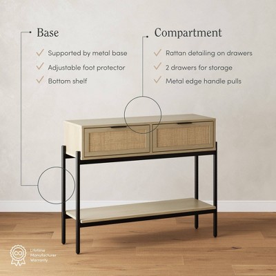 Light Oak and Black Rattan Console Table with Storage