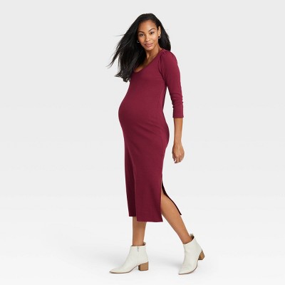 Old Navy Maternity Burgundy Tee T Shirt 3/4 Sleeve Side Ruched Dress 