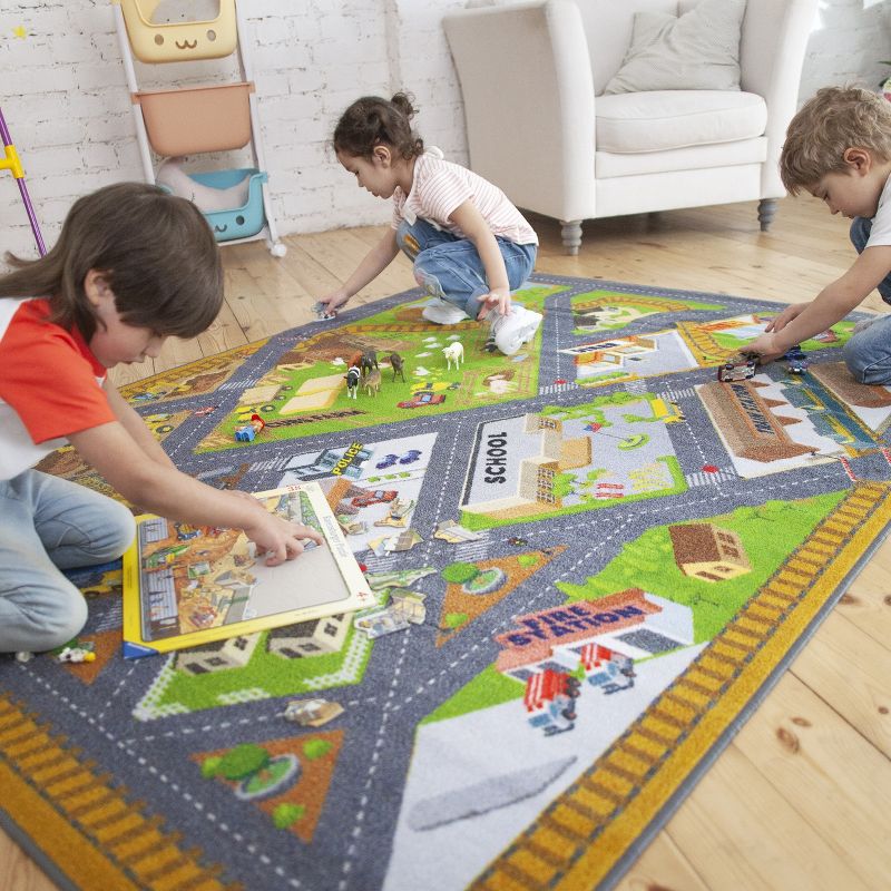 KC CUBS Boy & Girl Kids Country Farm Road W/ Construction Vehicle Car Traffic Educational Learning & Game Nursery Classroom Rug Carpet, 3 of 11