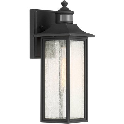 Black Mission Style Outdoor Wall Light with Seeded Glass