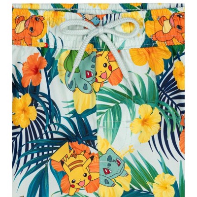 Pokemon Big Boys' Hawaiian Allover Print Button Front Shirt and Shorts Swim Outfit Pikachu Squirtle Green 8 — фото 4